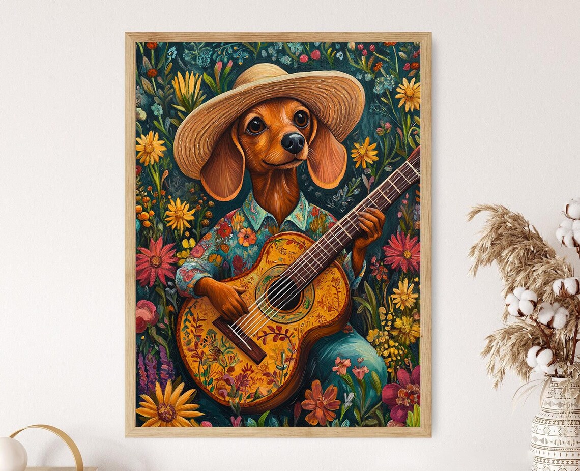 Dachshund Playing A Guitar, Funny Animal Art Print