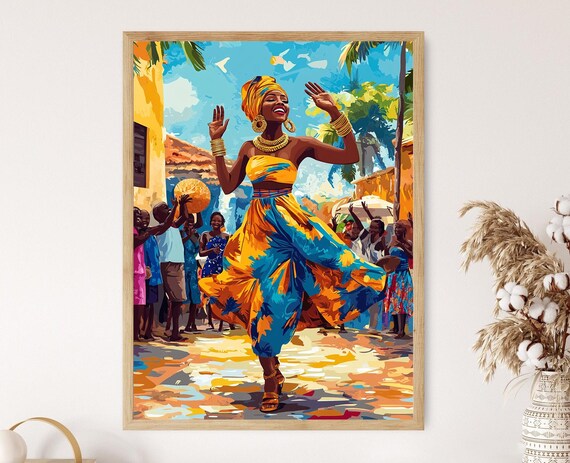 Senegalese Sabar Dance Art Print Traditional African Festival Vibrant Street Scene