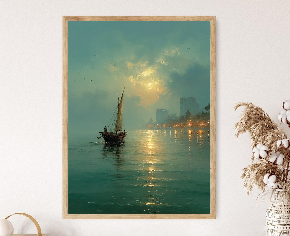 Tamil Nadu Fisherman Painting Catamaran Boat At Sunrise On Bay Of Bengal Coast South India Seaside Poster Print