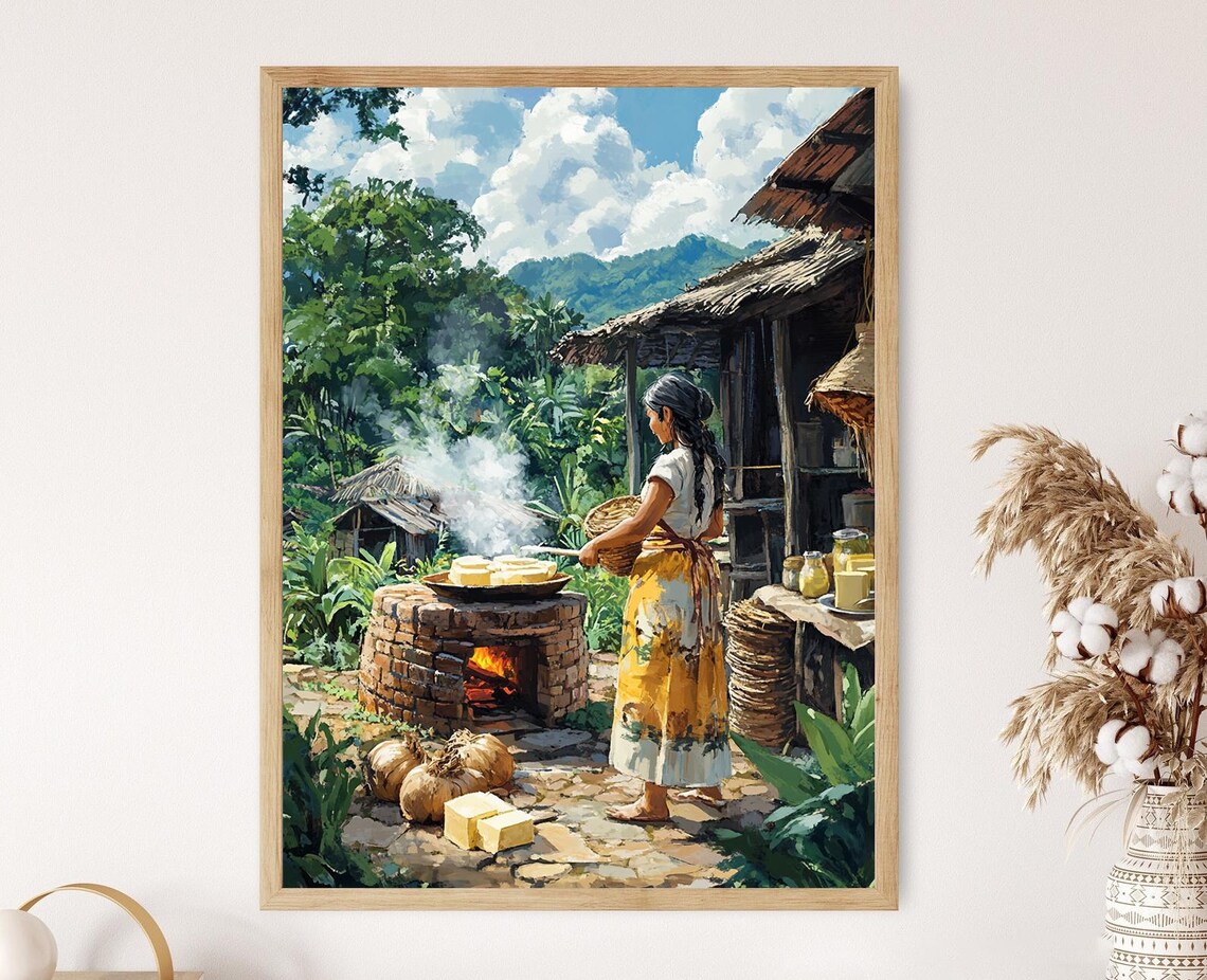 Paraguayan Woman Baking Chipa Outdoor Brick Oven Village Art Poster