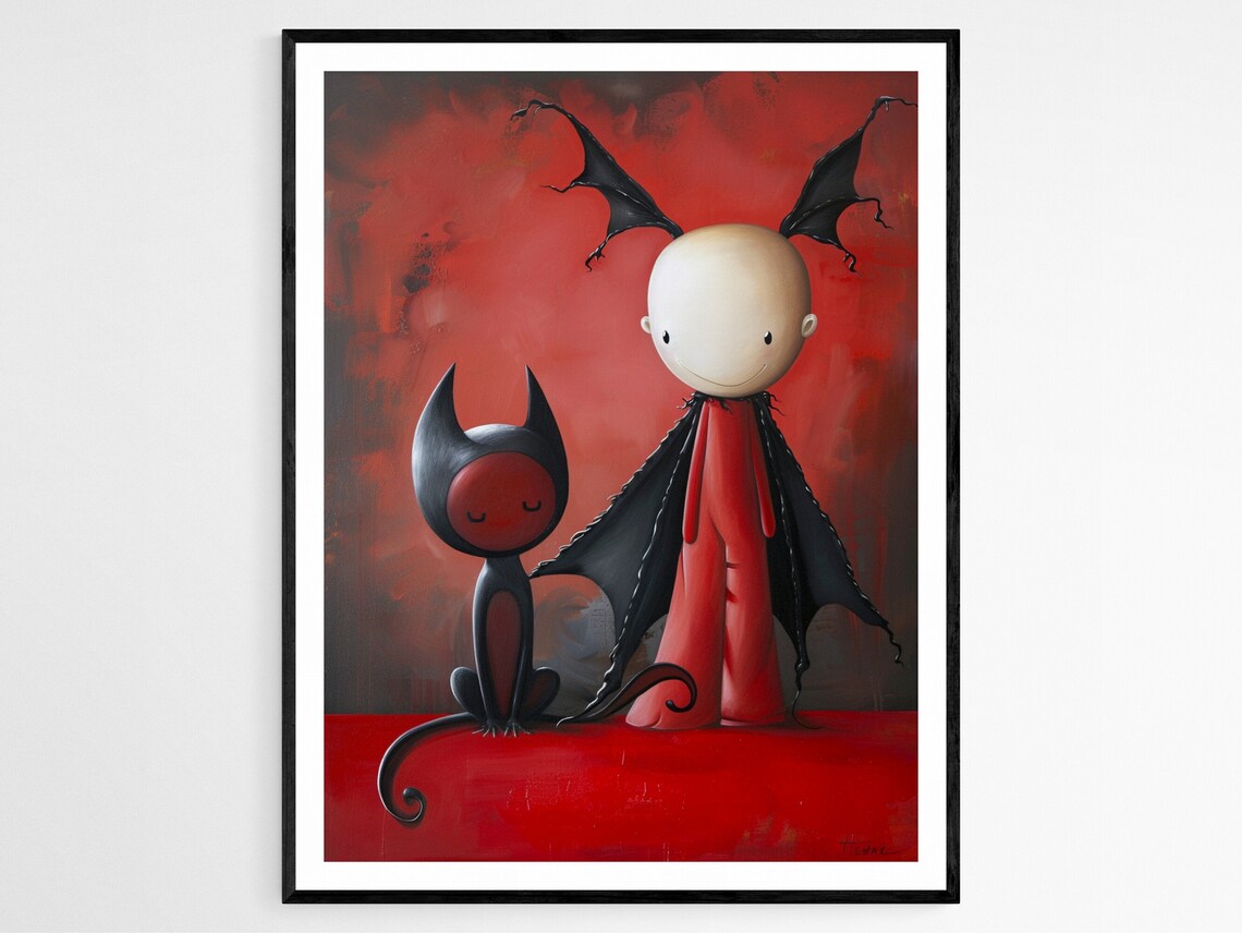 Child in Devil Costume with Black Cat Halloween Fantasy Art Poster