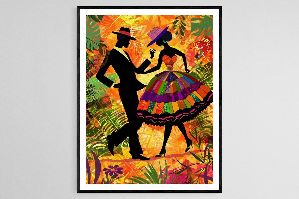Afro Brazilian Dance Couple Silhouette Tropical Leaves Poster