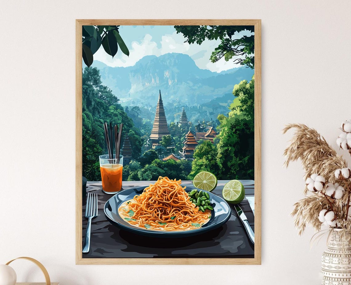 Chiang Mai Breakfast Table Art Print Traditional Thai Food Decor Temple And Mountain View Thai Restaurant Decor