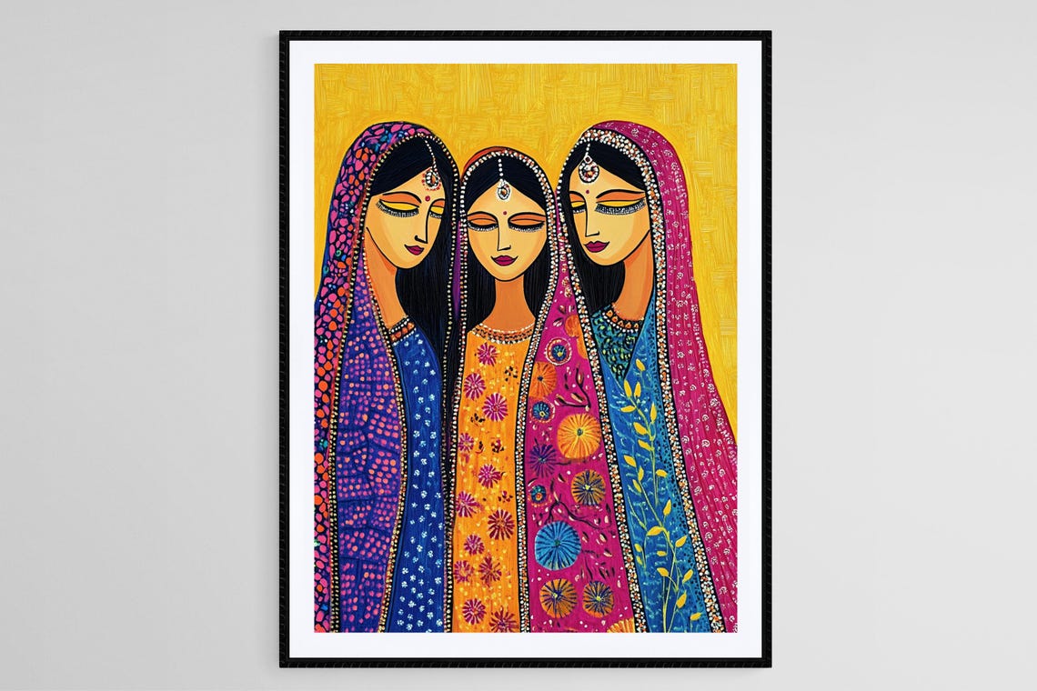 Mithila Women In Sarees Art Print Traditional Indian Folk Design