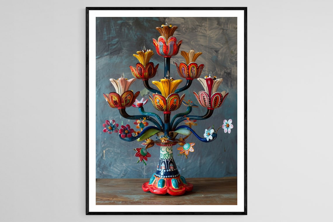 Mexican Candelabra Vibrant Folk Artwork Art Print