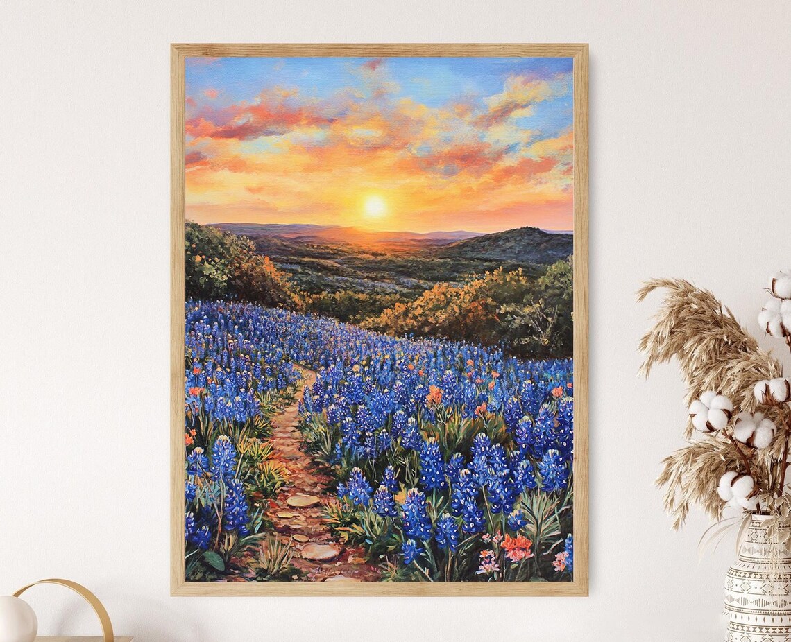 Texas Bluebonnet Field Art Print, Sunset Over Hill