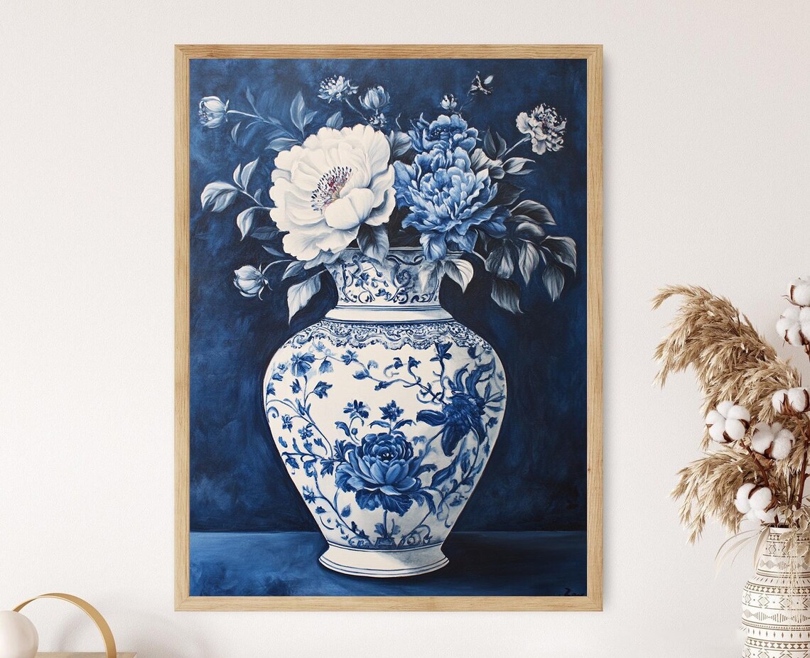 Blue And White Chinoiserie Vase Art Print, Floral Decor
