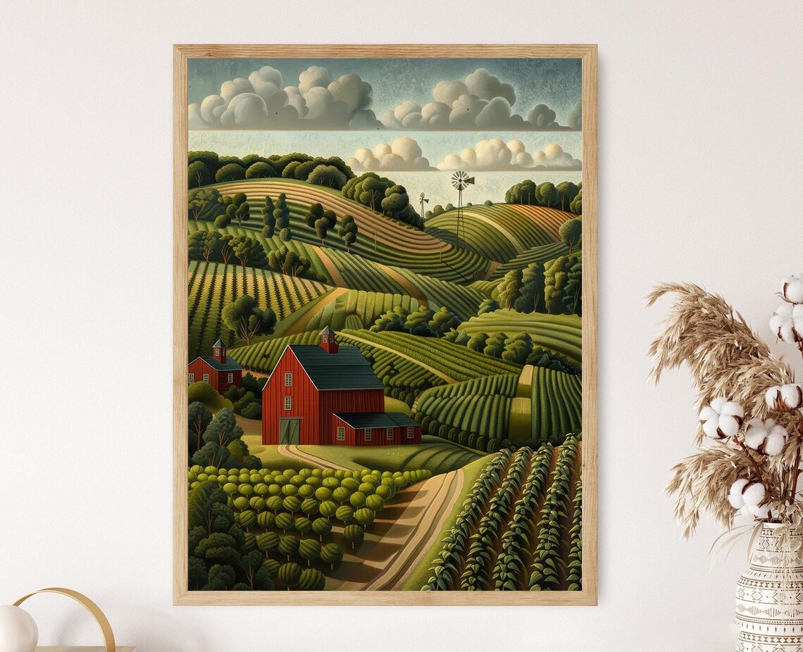 Farmstead With Corn Fields, Grant Wood-Inspired Print