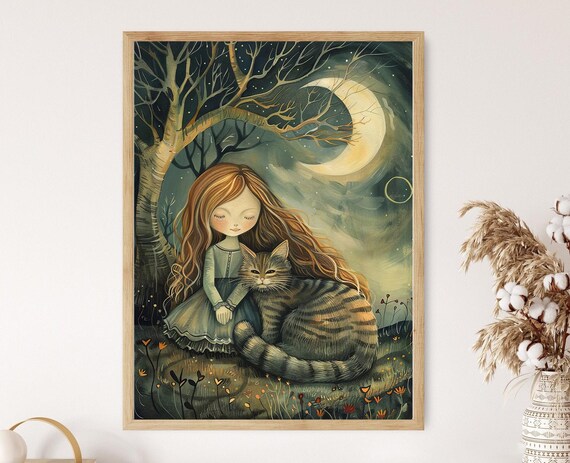 Girl Hugging Tabby Cat Under Crescent Moonlit Night Art Poster