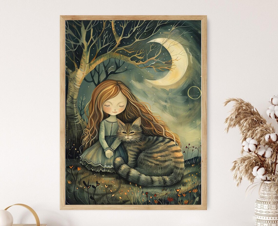 Girl Hugging Tabby Cat Under Crescent Moonlit Night Art Poster