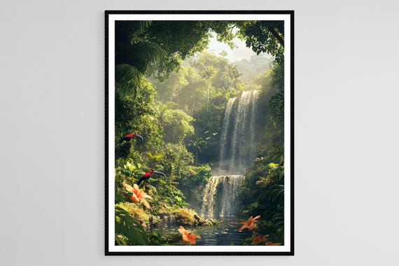 Malaysian Rainforest Art Print Towering Trees Cascading Waterfalls