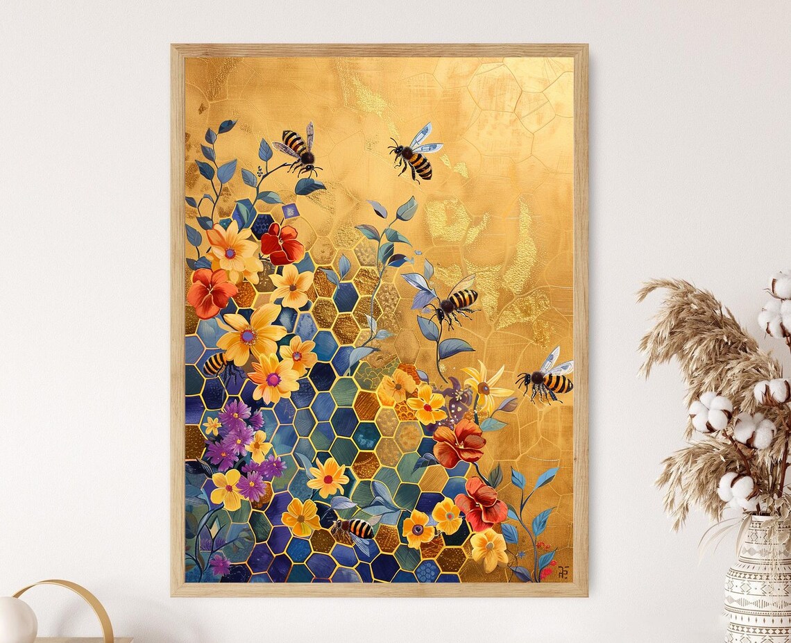 Golden Honeycomb With Bees, Nature Geometry Art Print