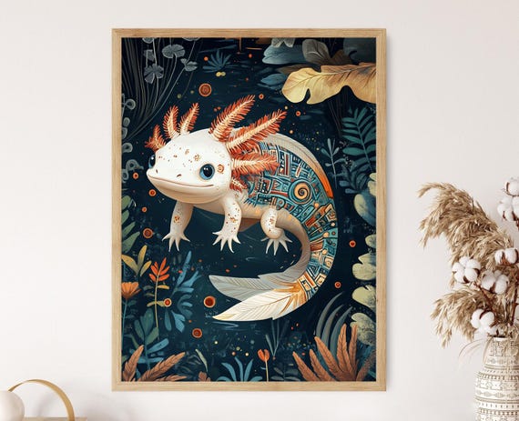 Mexican Axolotl Illustration Aztec Patterns And Pond Art Print