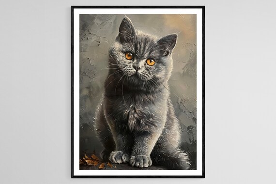 British Shorthair Kitten on Dark Background Poster With Scattered Fall Leaves