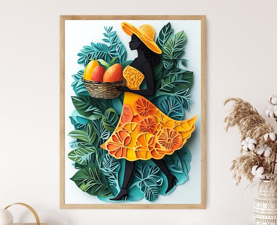 Jamaican Papaya Woman Paper Cut Silhouette Tropical Fruit Poster