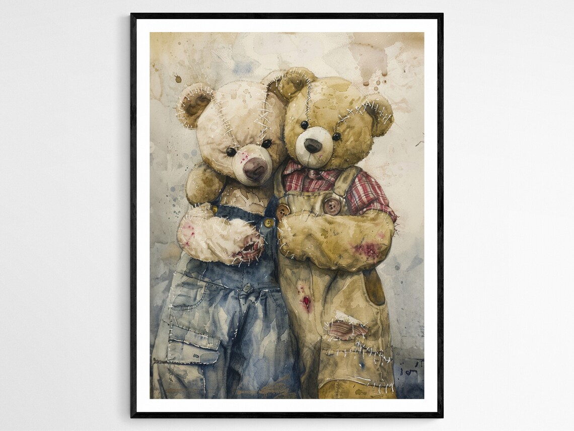 Two Hugging Teddy Bears In Overalls Vintage Style Art Poster