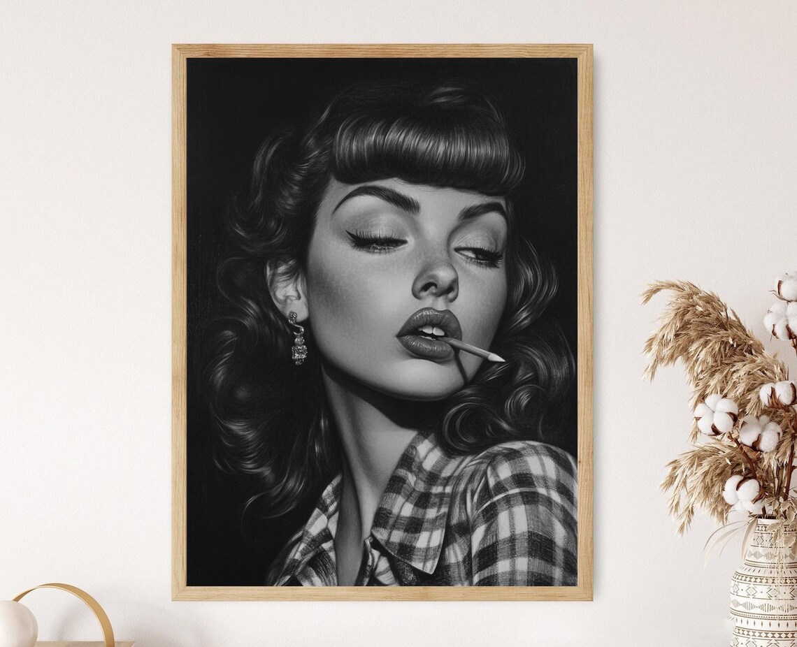 Vintage Black and White Pin Up Woman Cigarette Portrait Poster