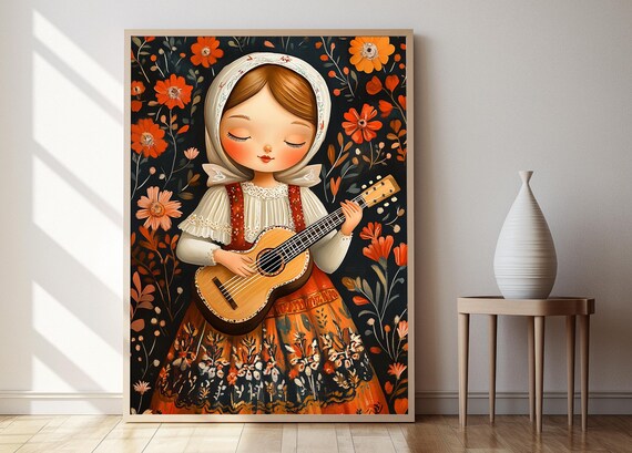 Cute Ukrainian Folk Girl Playing Guitar Flowers Nursery Art Poster