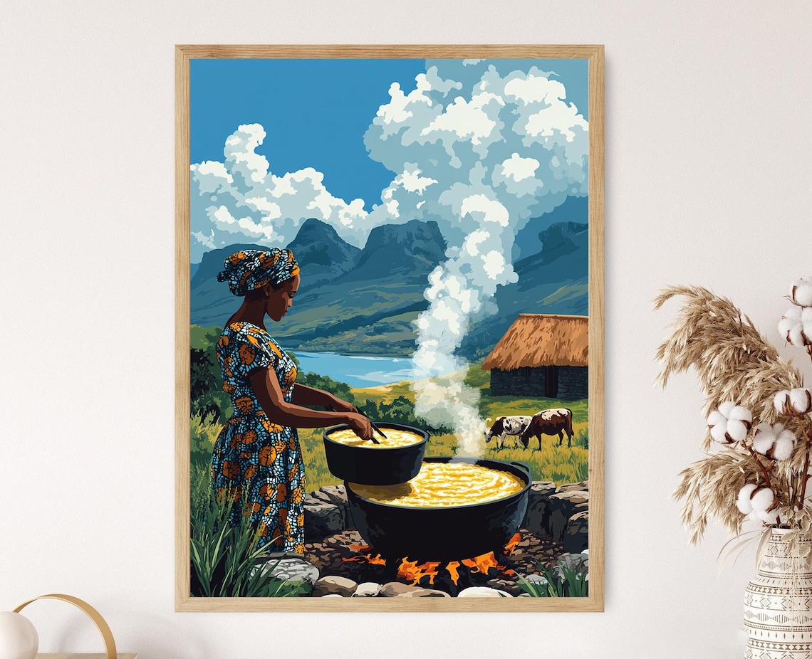 South African Woman Cooking Pap Art Print Traditional Outdoor Kitchen African Cuisine Decor
