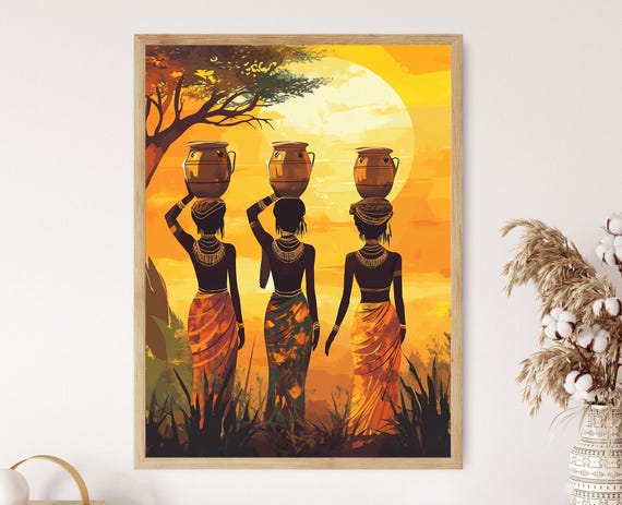 Sudanese Water Jug Illustration Sunset Silhouette Tribal Wall Decor Cultural Home Decor Ethnic Poster Warm Tones Elegant Feminine Art