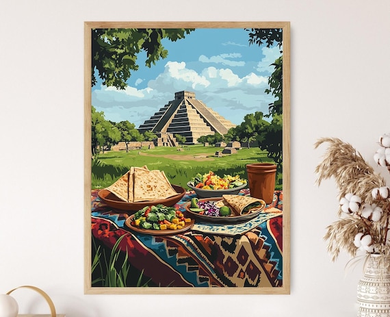 Teotihuacan Pyramid Picnic With Tacos and Woven Blanket Poster