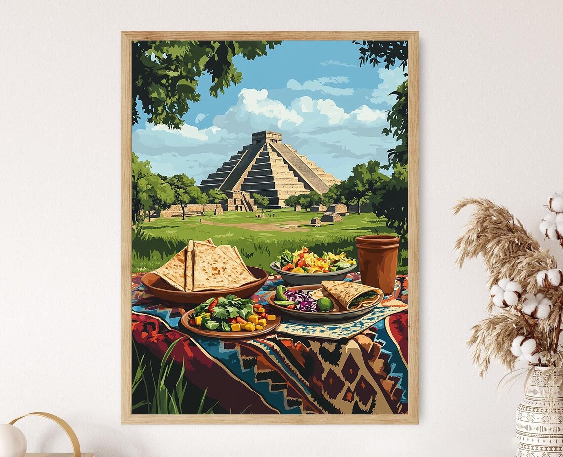 Teotihuacan Pyramid Picnic With Tacos and Woven Blanket Poster