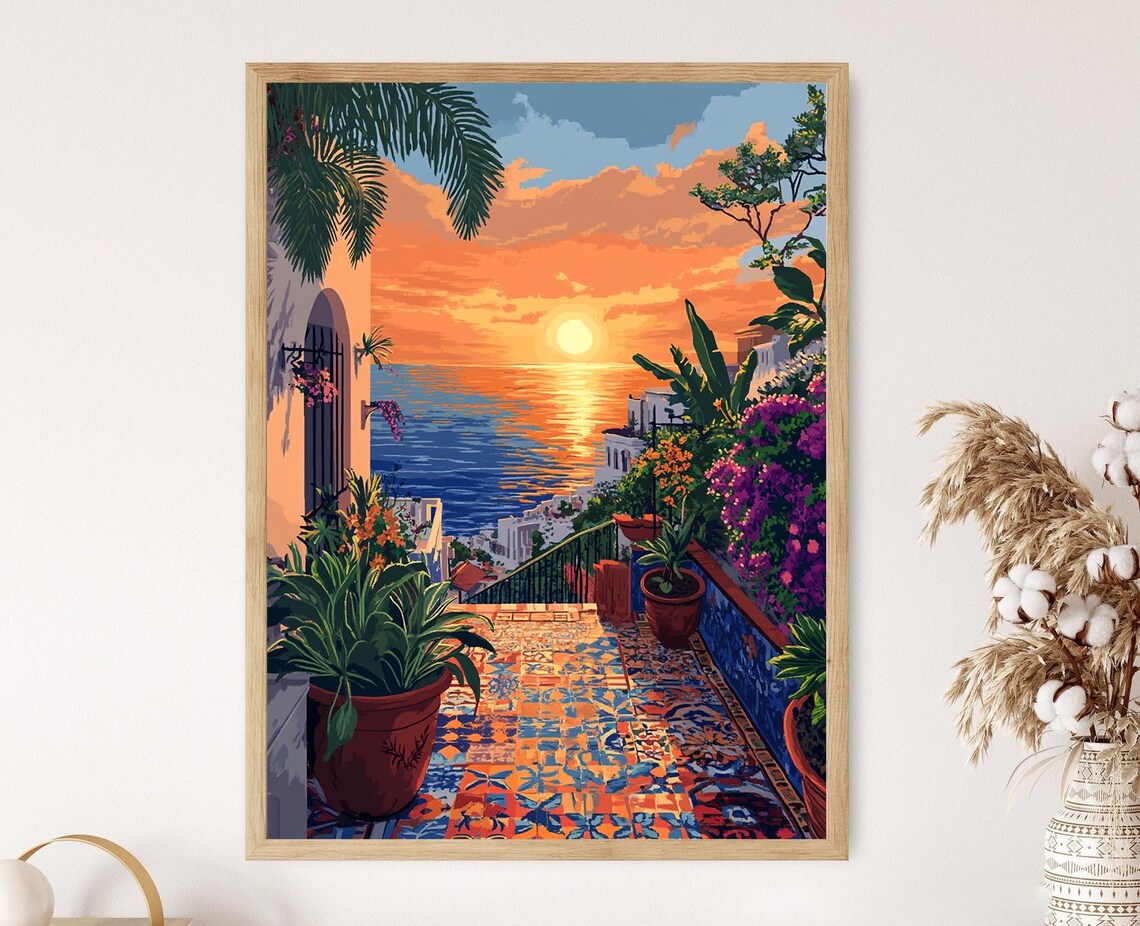 Beirut Rooftop Patio Illustration Sunset Art Print Lebanese Tile Decor Mediterranean Home Artwork