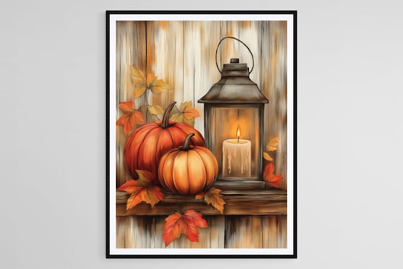 Lantern And Pumpkins, Cozy Autumn Decor Art Print