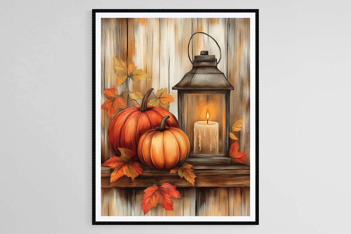 Lantern And Pumpkins, Cozy Autumn Decor Art Print