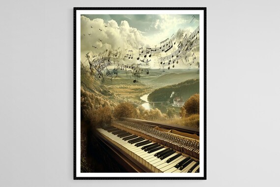 Grand Piano Keys Over Valley Floating Musical Notes Surreal Poster