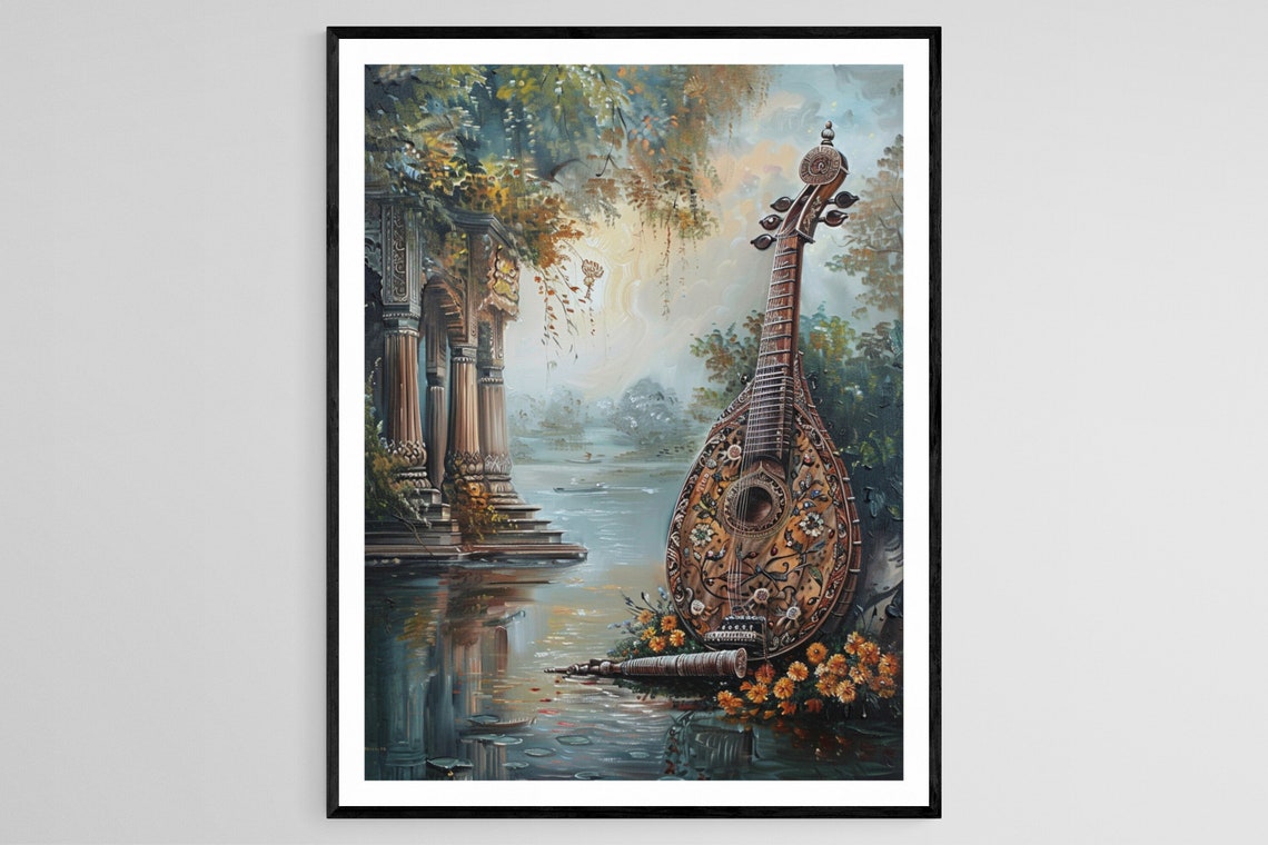 Exquisite Sarod With Rich Details Art Traditional Indian Musical Instrument Painting