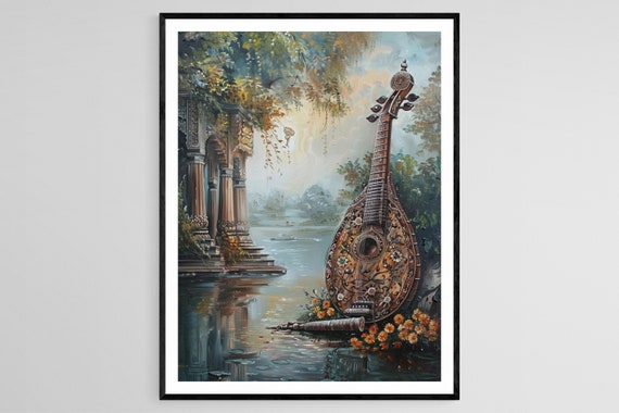 Exquisite Sarod With Rich Details Art Traditional Indian Musical Instrument Painting
