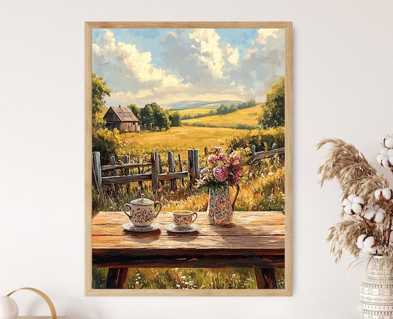 Latvian Tea Set Art Print Meadow Farmhouse Decor Poster
