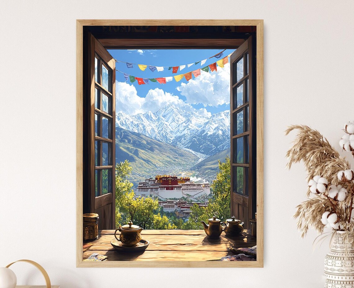 Potala Palace Window Illustration, Snowy Peaks Art Print