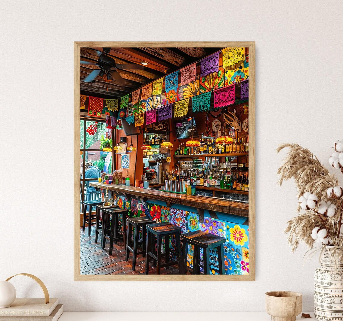 Mexican Cantina, Colorful Rustic Art Print for Bar