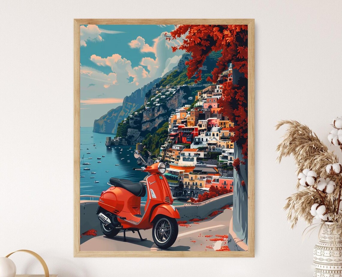 Red Vespa Scooter on the Amalfi Coast Overlooking Positano Poster