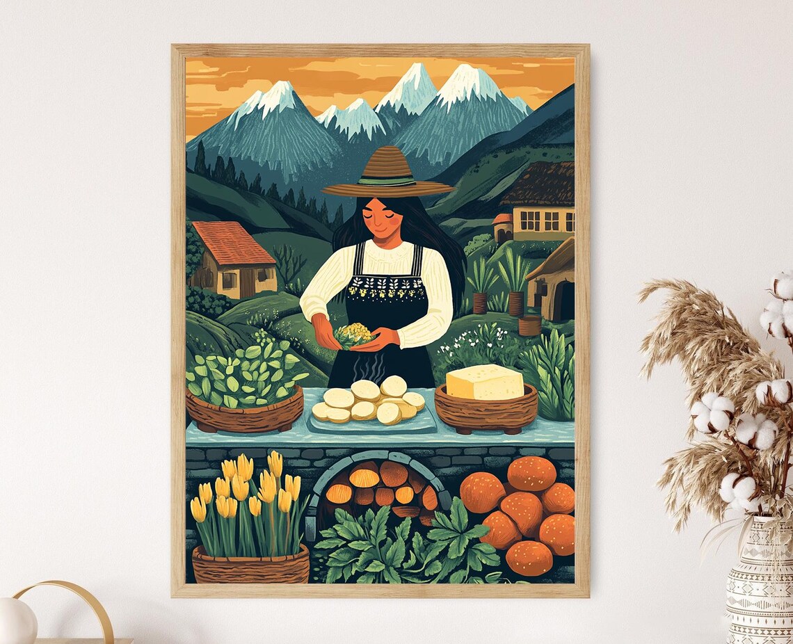 Ecuadorian Woman Cooking Llapingachos Andean Mountain Art Poster