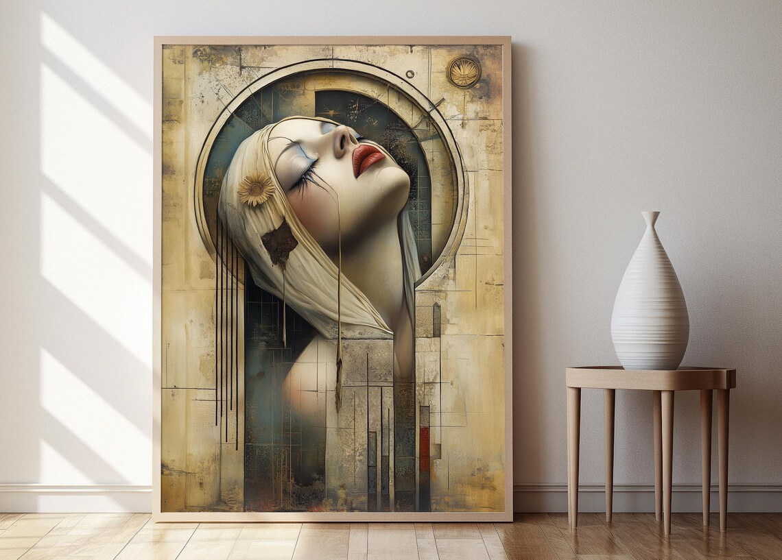 Weeping Woman Surreal Portrait Tears Encaustic Style Art Poster - Image 2