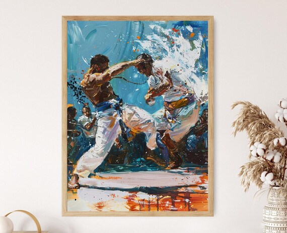 Capoeira Fighters Sparring Splash Of Blue Paint Crowd Scene Poster