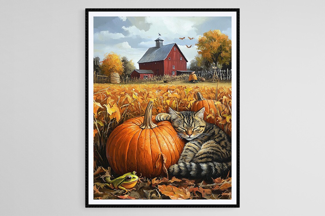 Sleepy Tabby Cat Resting On Pumpkin In Autumn Farm Field Poster