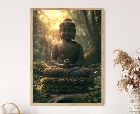 Mossy Stone Buddha Statue Meditating in Golden Forest Light Poster