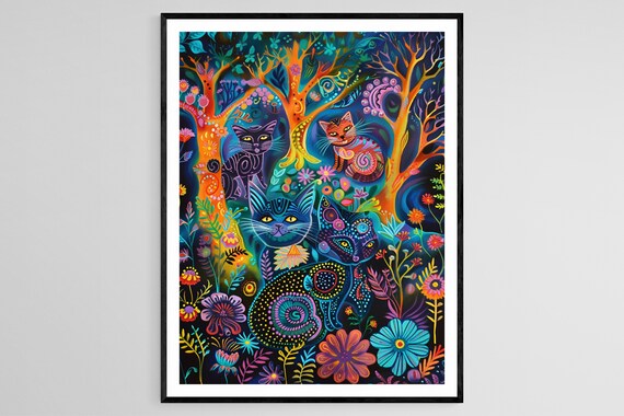 Colorful Cats in a Magical Neon Forest Louis Wain Style Poster
