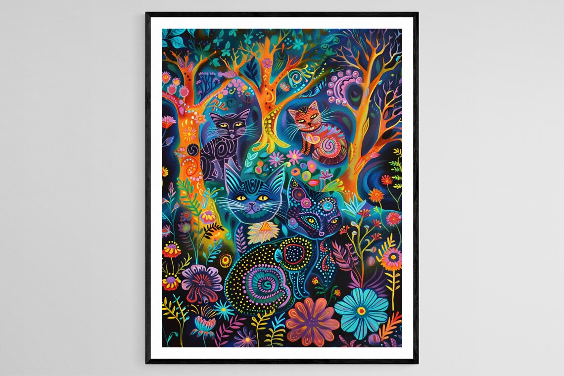 Colorful Cats in a Magical Neon Forest Louis Wain Style Poster