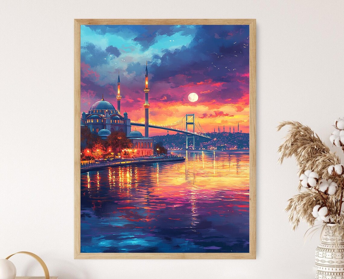 Istanbul Skyline Travel Poster, Bosphorus Bridge and Ortakoy