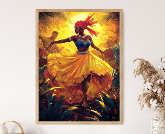 Haitian Yanvalou Dancer In Golden Skirt Jungle Drummers Scene Poster