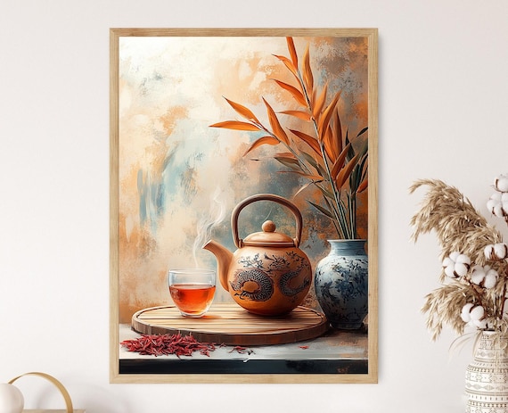 Red Tea Art Print Clay Teapot With Dragon Motifs And Bamboo Tray