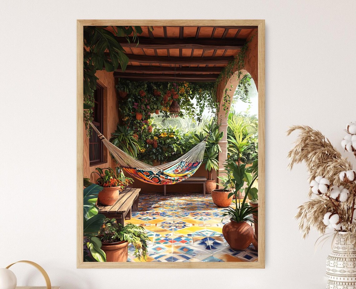 Venezuelan Patio Art Print, Azulejos Y Hamaca