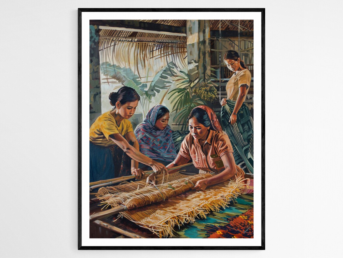 Filipina Women Weaving Traditional Rattan Mat Indoor Scene Poster
