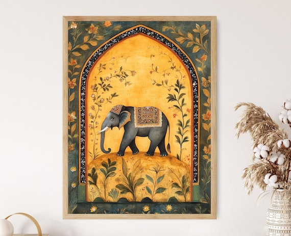 Ornate Mughal Style Royal Elephant Miniature Painting Art Poster