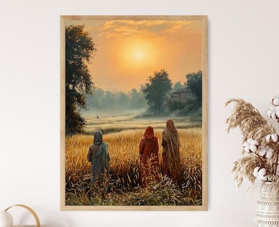 Traditional Punjabi Field Art Print Women In Wheat Fields Rural Sunset Scene